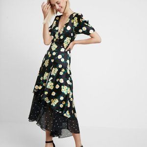 NWT Foxiedox black midi wrap dress yellow flower L